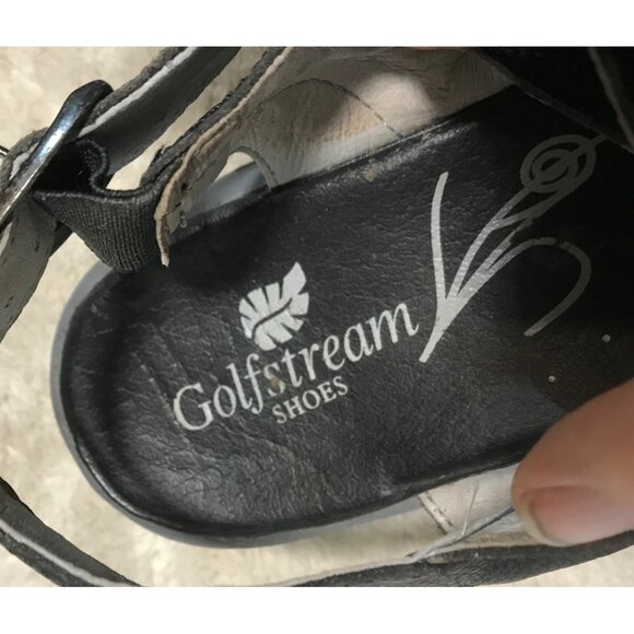 Golfstream Womens  Black Leather Strappy Sandals Size 9M With Floral Sole Design - Picture 8 of 14